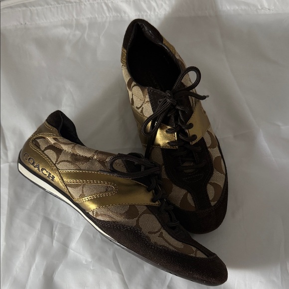 Coach Shoes - Coach Signature Brown and Gold Lace-Up Sneakers